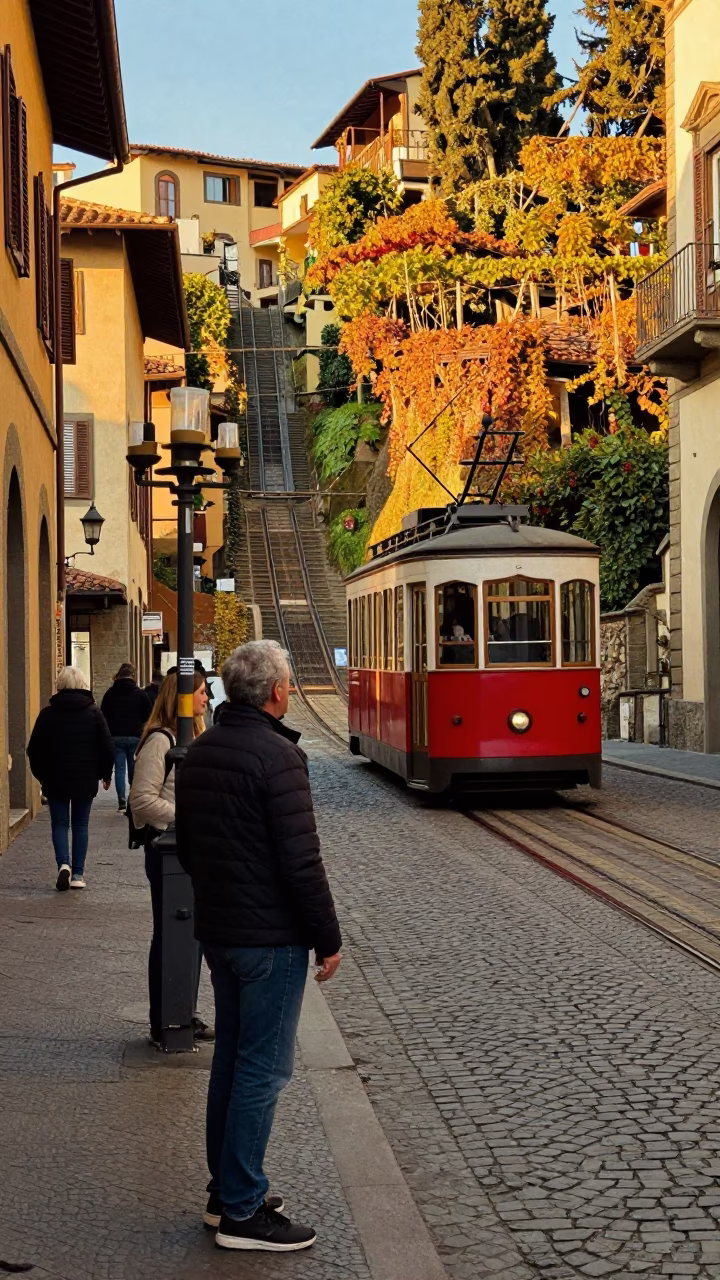 Golden Hour Street Scene in Florence Italy with Funicular and Candle Holder in in Florence, Italy