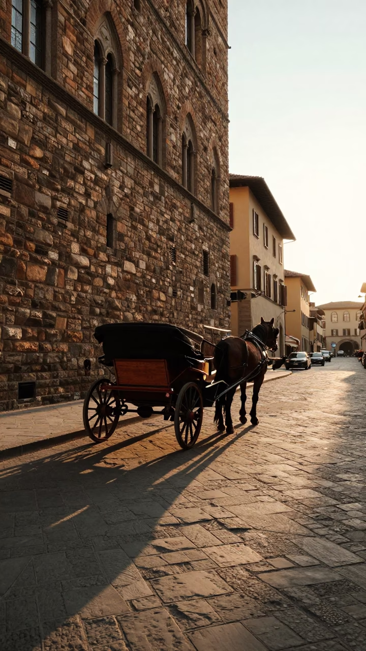 Golden Hour Street Scene in Florence Italy with Horse Drawn Cart on Cobblestones in in Florence, Italy