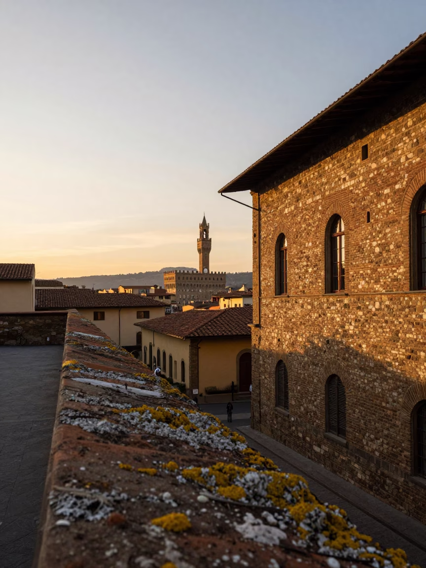 Golden Hour Street Scene in Florence Italy with Lichen and Steel Details in in Florence, Italy