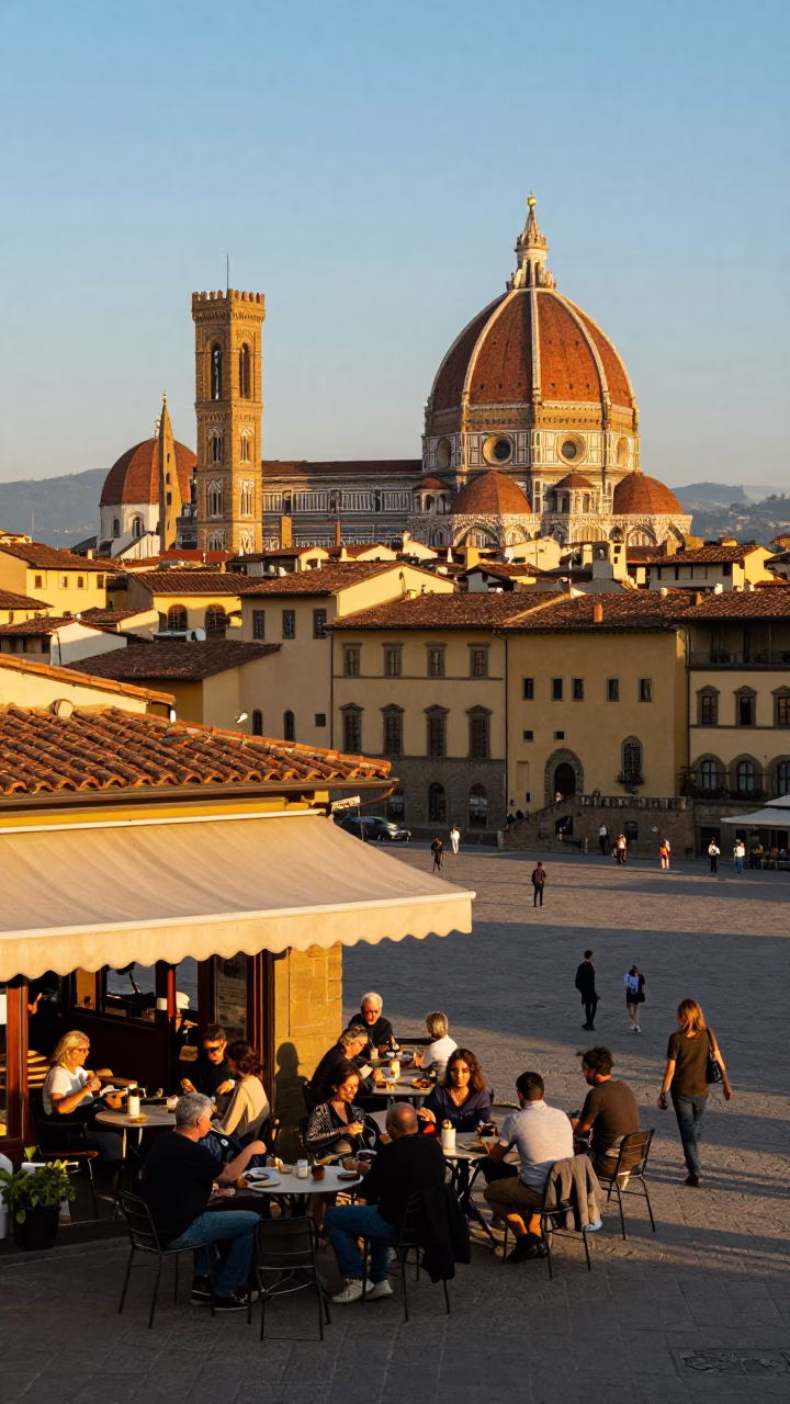 Golden Hour Street Scene in Florence Italy with Local Diners and Olive Trees in in Florence, Italy