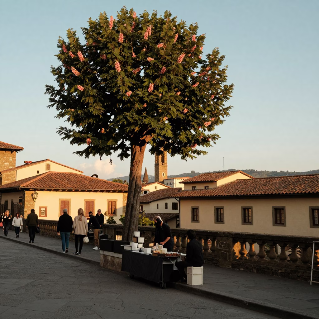 Golden Hour Street Scene in Florence Italy with Local Vendor and Chestnut Tree in in Florence, Italy