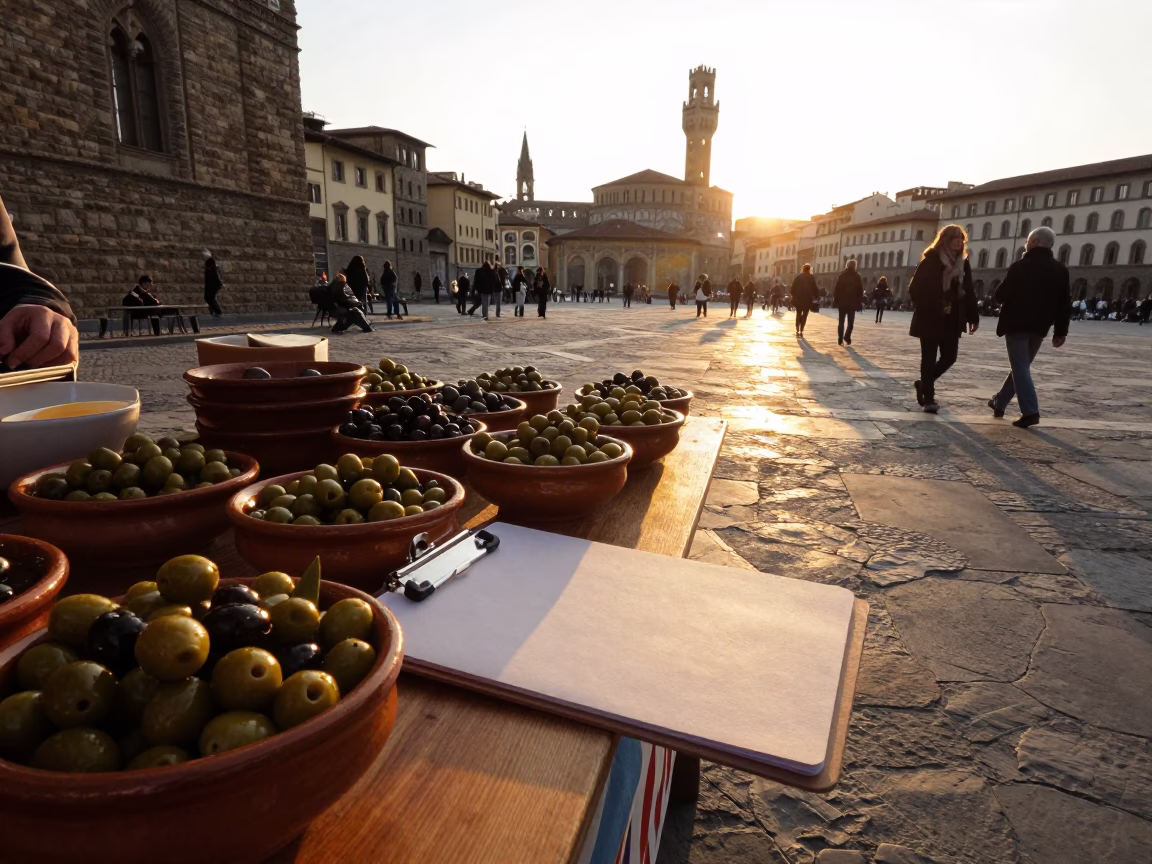 Golden Hour Street Scene in Florence Italy with Olive Dish and Clipboard in in Florence, Italy