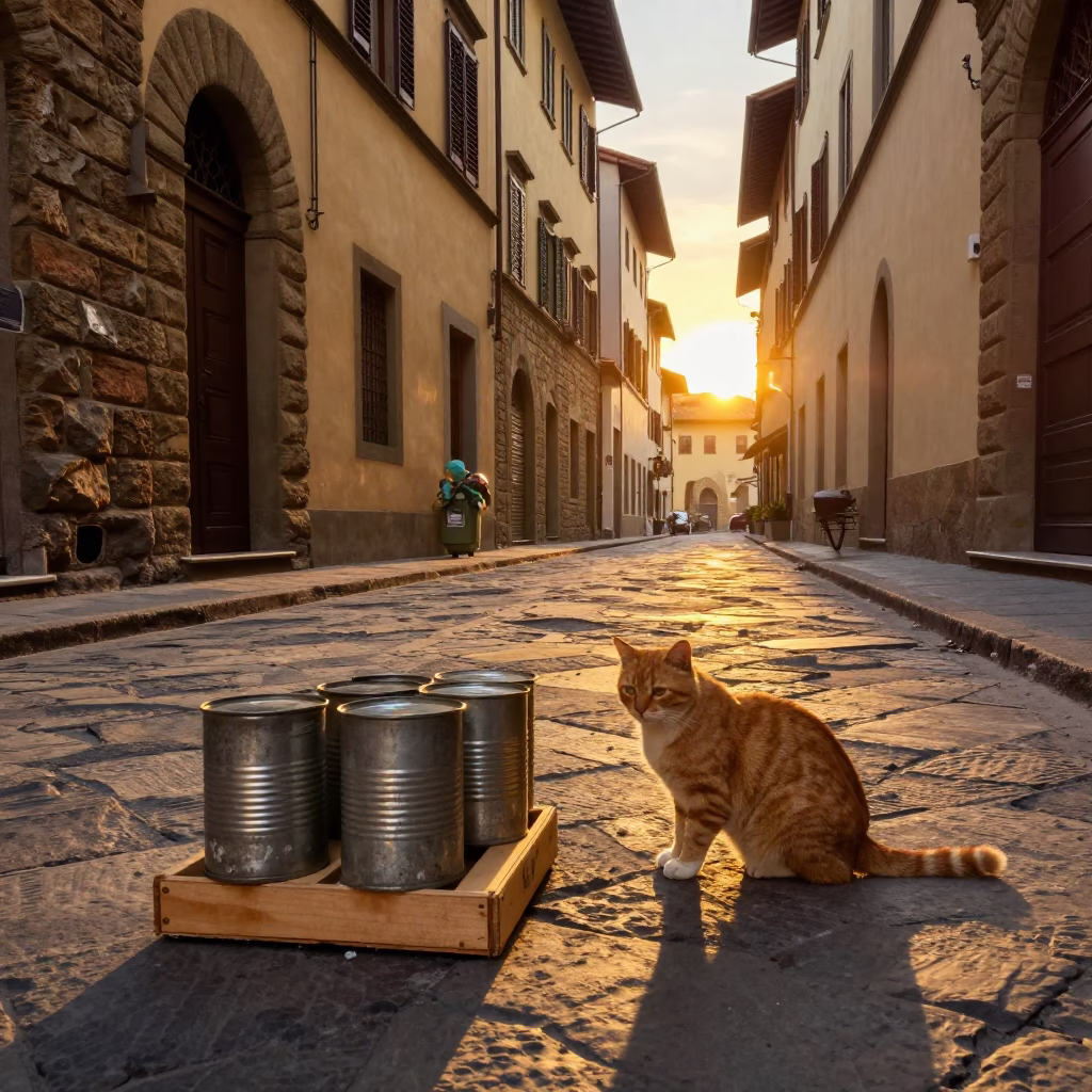 Golden Hour Street Scene in Florence Italy with Orange Cat and Canisters in in Florence, Italy