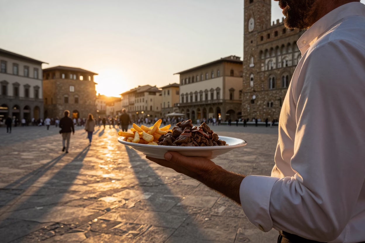 Golden Hour Street Scene in Florence Italy with Osso Buco and Frites in in Florence, Italy