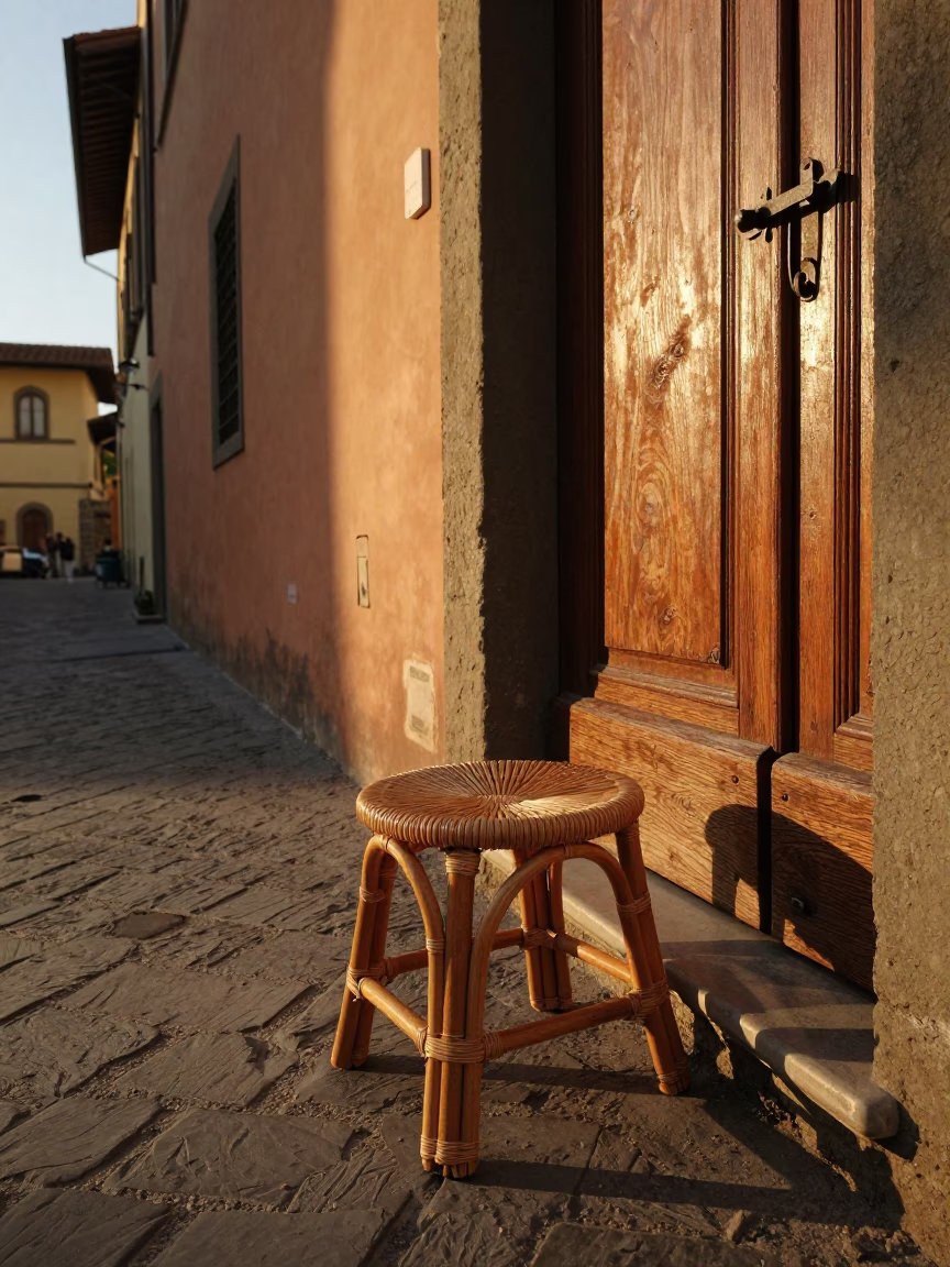 Golden Hour Street Scene in Florence Italy with Rattan Stool and Latch Detail in in Florence, Italy