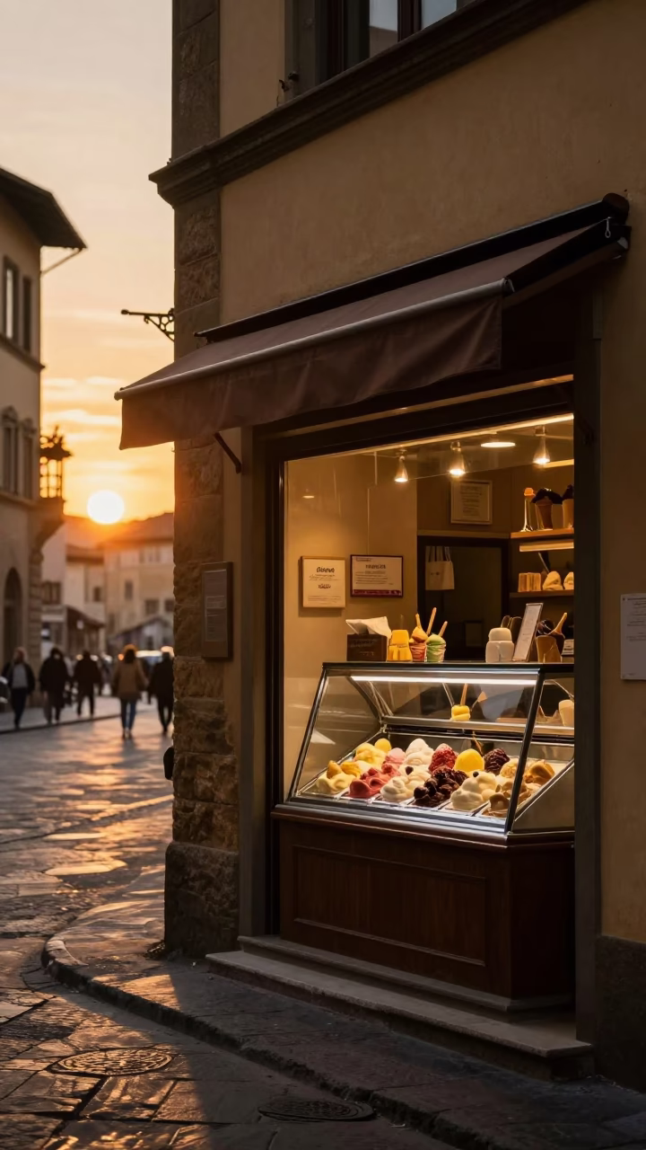 Golden Hour Street Scene in Florence Italy with Shop Window Gelato Display in in Florence, Italy
