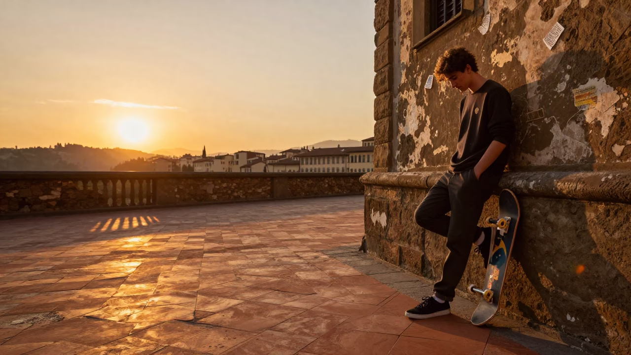 Golden Hour Street Scene in Florence Italy with Skateboard and Paperbacks in in Florence, Italy
