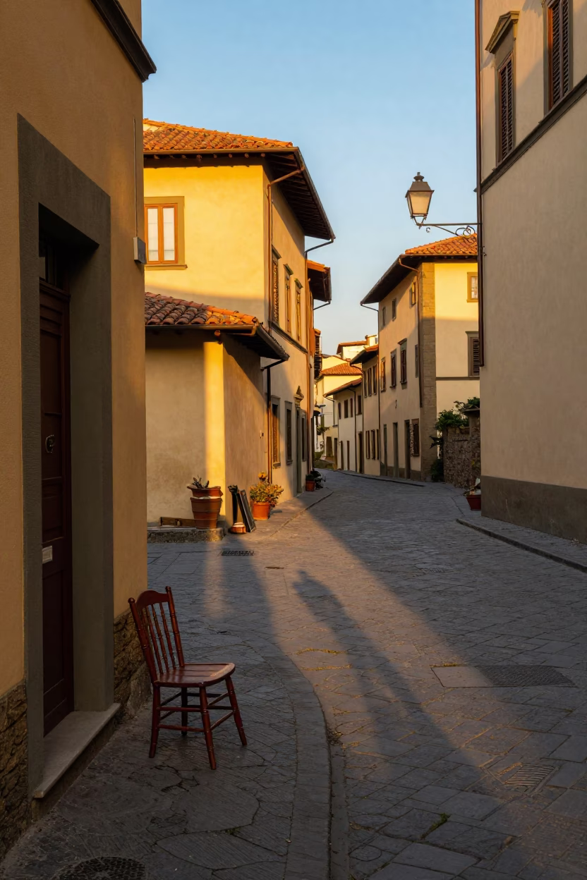 Golden Hour Street Scene in Florence Italy with Spindle Chair and Lantern Lit Alley in in Florence, Italy