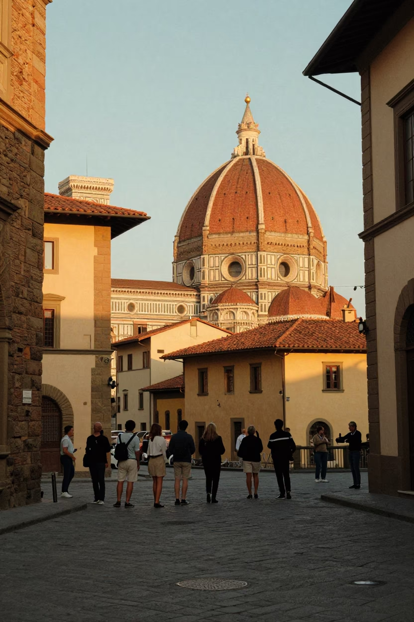 Golden Hour Street Scene in Florence Italy with Tourists and Local Architecture in in Florence, Italy