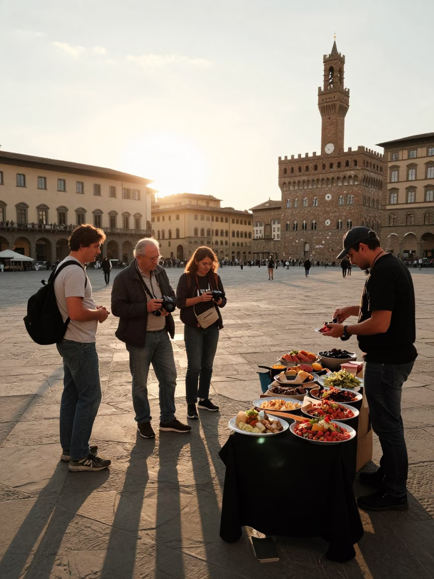 Golden Hour Street Scene in Florence Italy with Tourists and Local Food in in Florence, Italy