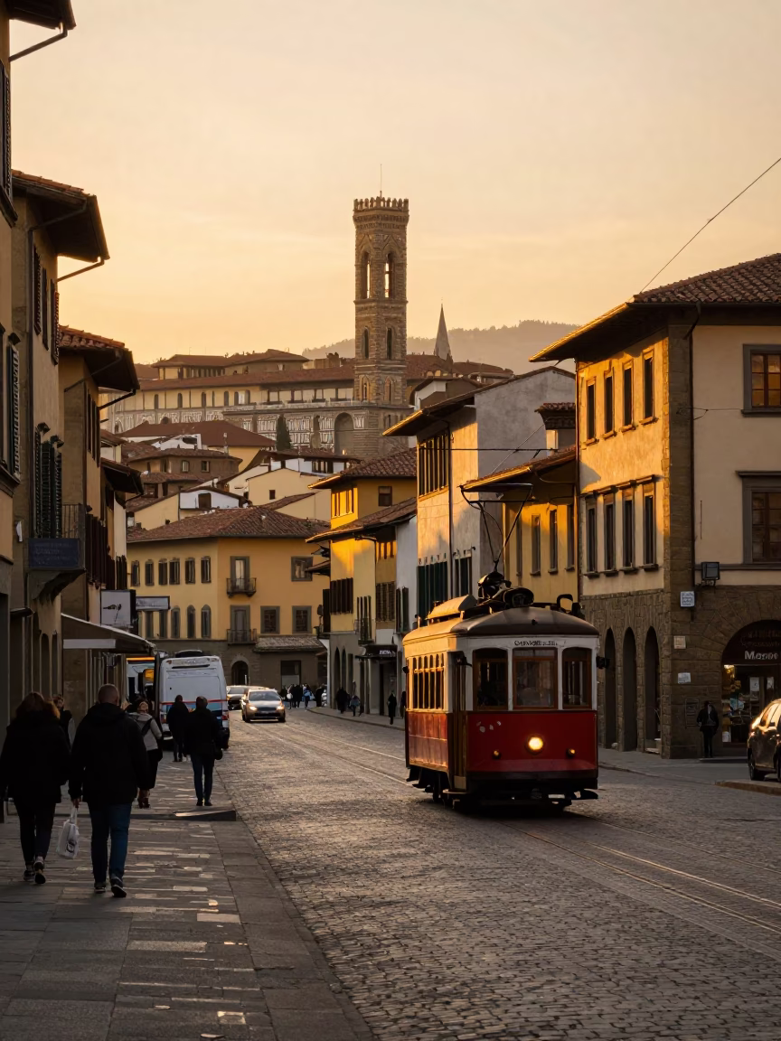 Golden Hour Street Scene in Florence Italy with Tram and Local Life in in Florence, Italy