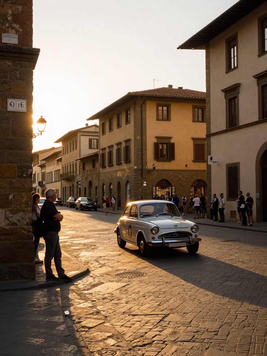 Golden Hour Street Scene in Florence Italy with Vintage Car Rally and Local Life in in Florence, Italy