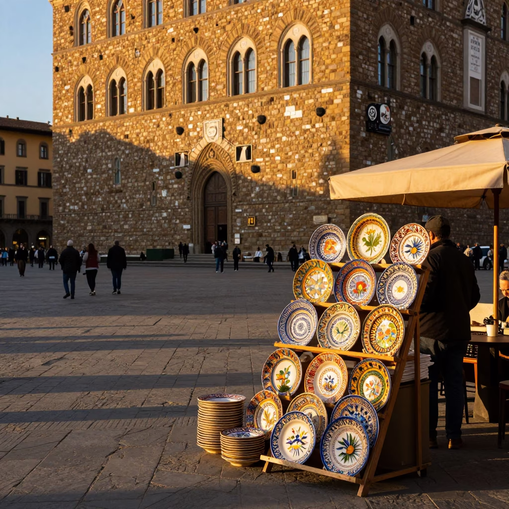 Golden Hour Street Scene in Florence Italy with Vintage Majolica Plate in in Florence, Italy