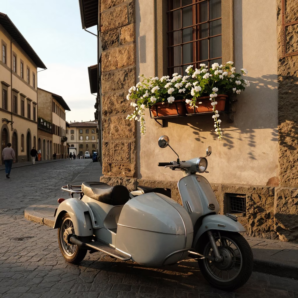 Golden Hour Street Scene in Florence Italy with Vintage Motorcycle and Flower Box in in Florence, Italy