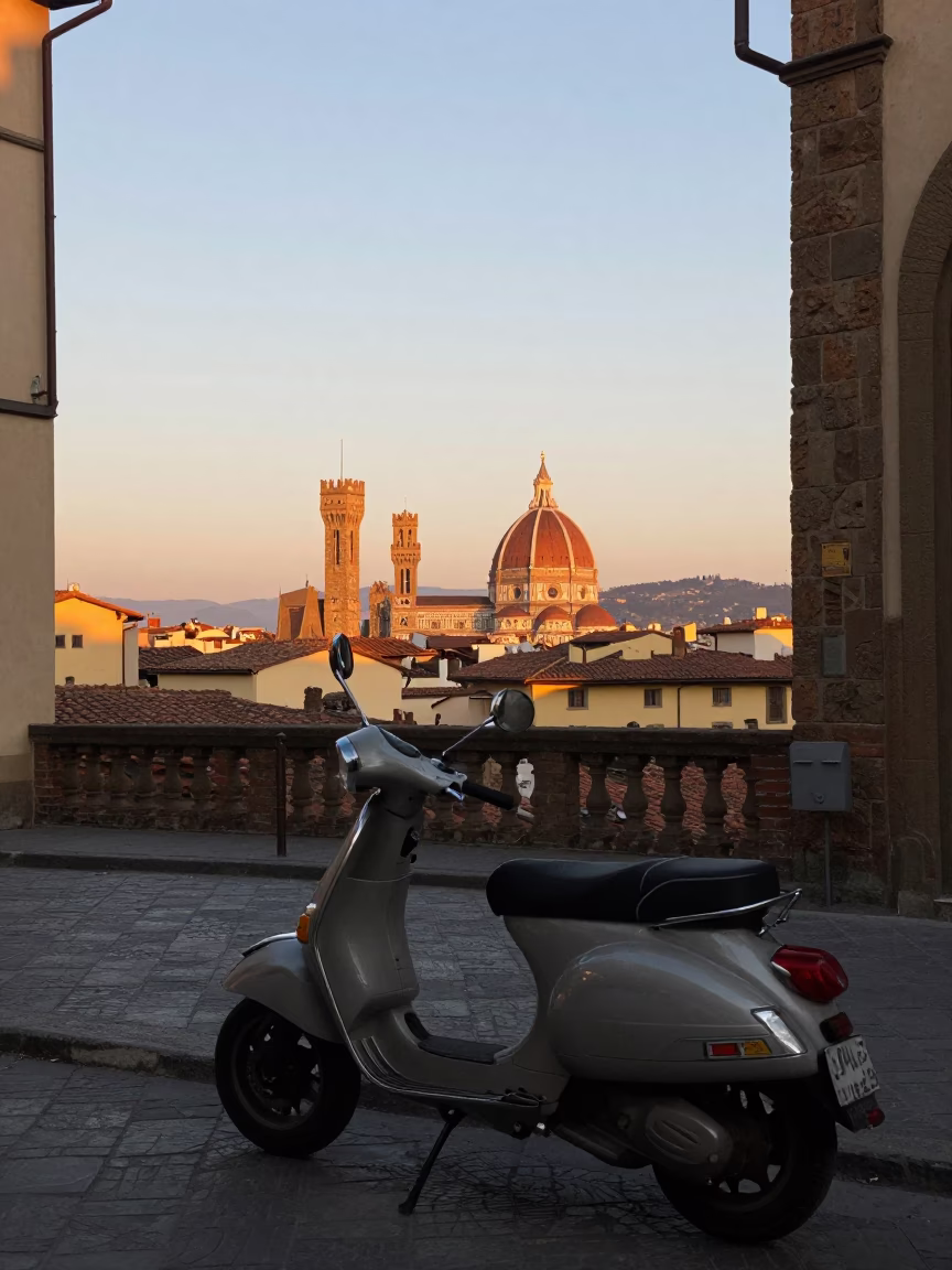 Golden Hour Street Scene in Florence Italy with Vintage Scooter and Historic Architecture in in Florence, Italy