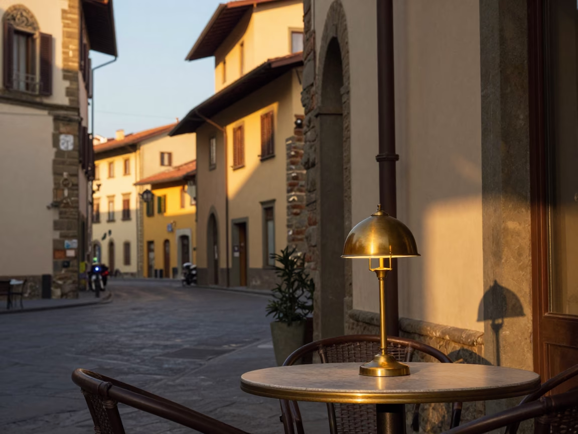 Golden Hour Street Scene in Florence Italy with Vintage Table Lamps and Local Dining in in Florence, Italy