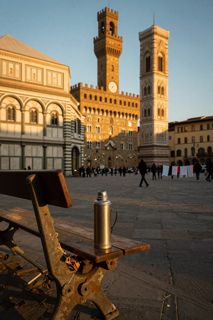 Golden Hour Street Scene in Florence Italy with Vintage Thermos and Laundry in in Florence, Italy