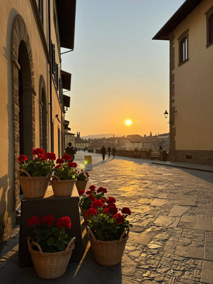 Golden Hour Street Scene in Florence Italy with Woven Baskets and Geraniums in in Florence, Italy