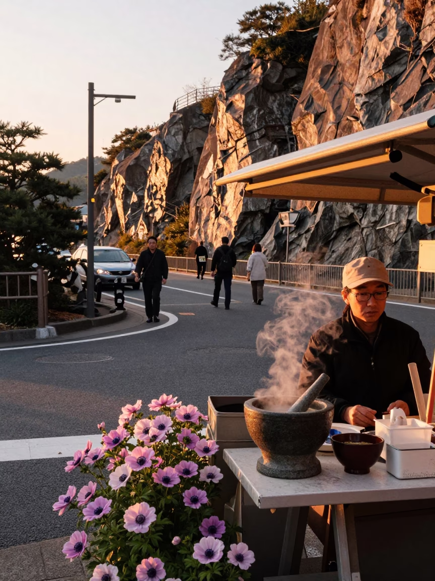 Golden Hour Street Scene in Fukuoka Japan with Anemone Flower and Limestone Cliffs in in Fukuoka, Japan
