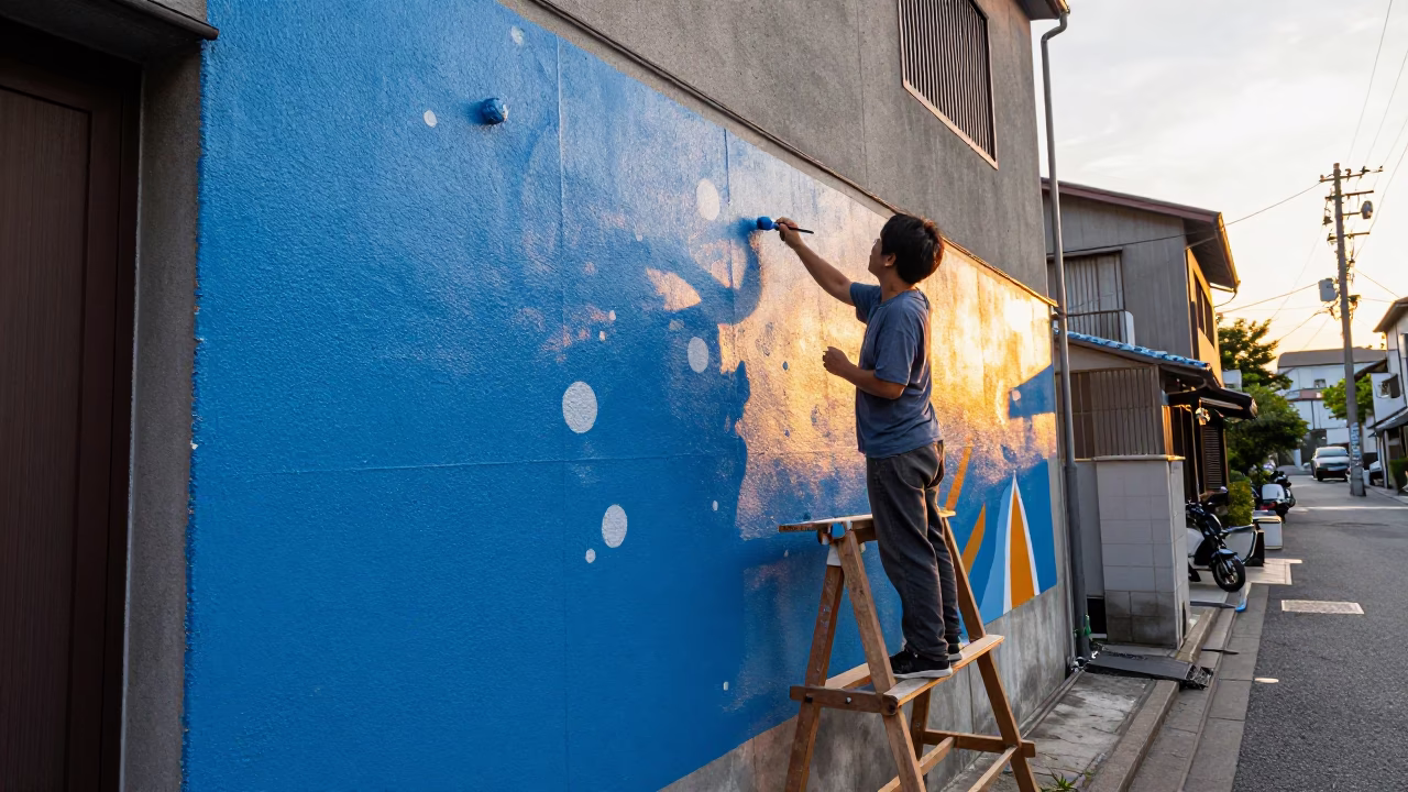 Golden Hour Street Scene in Fukuoka Japan with Artist Painting Mural in in Fukuoka, Japan