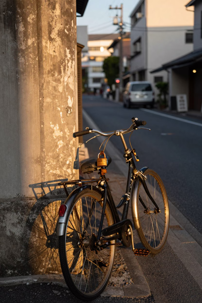 Golden Hour Street Scene in Fukuoka Japan with Bicycle and Padlock in in Fukuoka, Japan