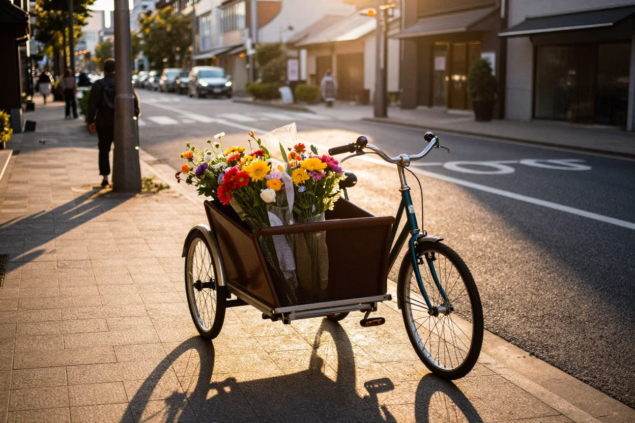 Golden Hour Street Scene in Fukuoka Japan with Cargo Bicycle and Flowers in in Fukuoka, Japan