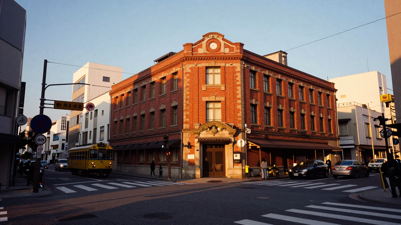 Golden Hour Street Scene in Fukuoka Japan with Chili Peppers and Narrow Gauge Train in in Fukuoka, Japan