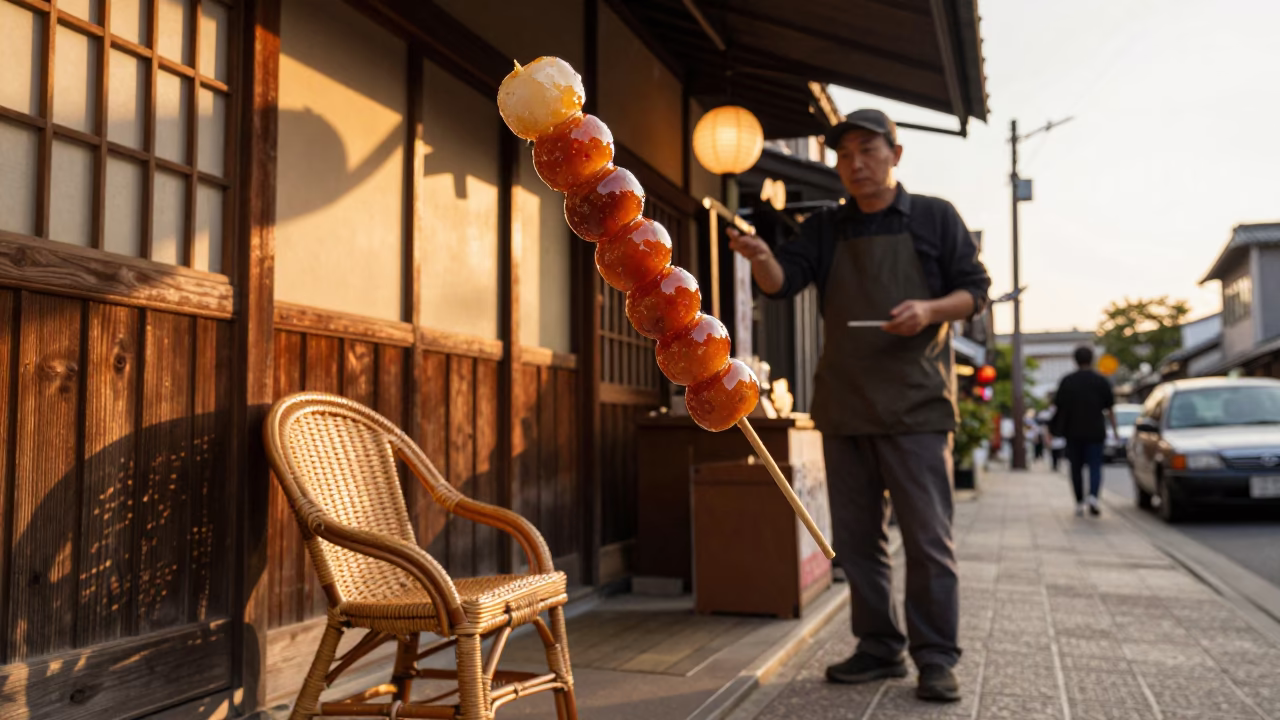 Golden Hour Street Scene in Fukuoka Japan with Dango Skewer and Rattan Chair in in Fukuoka, Japan