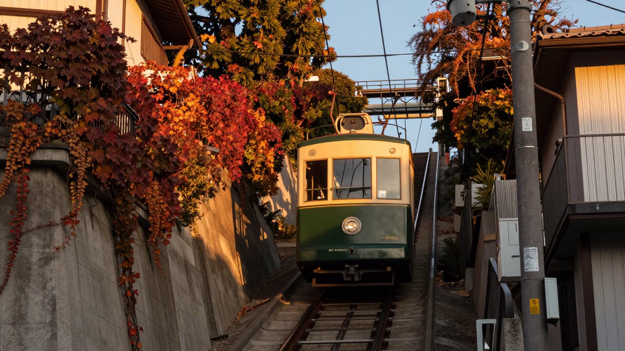 Golden Hour Street Scene in Fukuoka Japan with Funicular and Autumn Vines in in Fukuoka, Japan