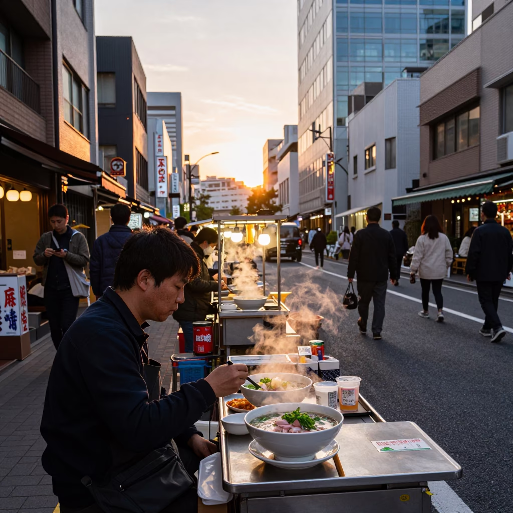 Golden Hour Street Scene in Fukuoka Japan with Local Food Vendor and Urban Background in in Fukuoka, Japan