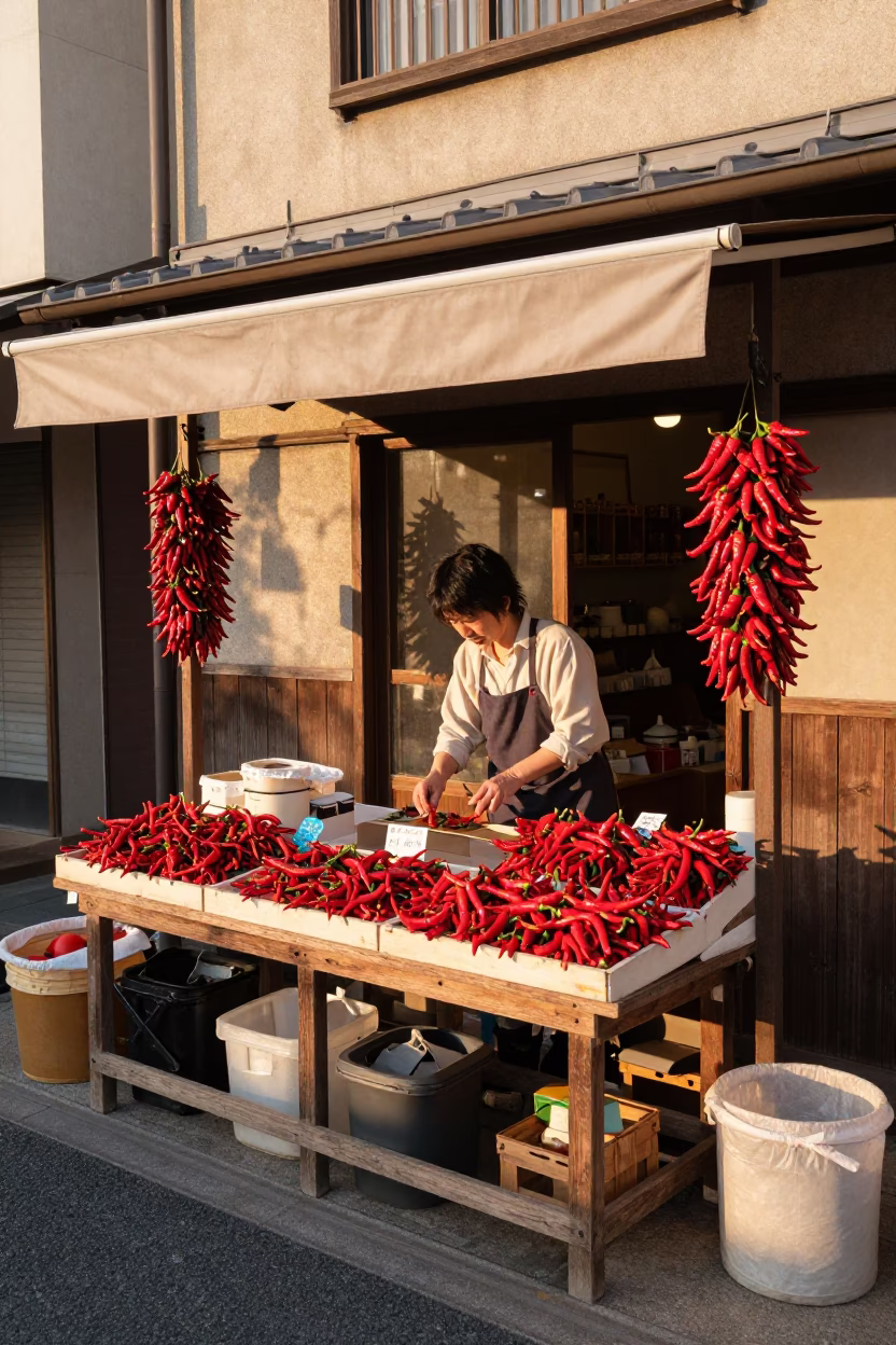 Golden Hour Street Scene in Fukuoka Japan with Local Shopkeeper and Chili Peppers in in Fukuoka, Japan