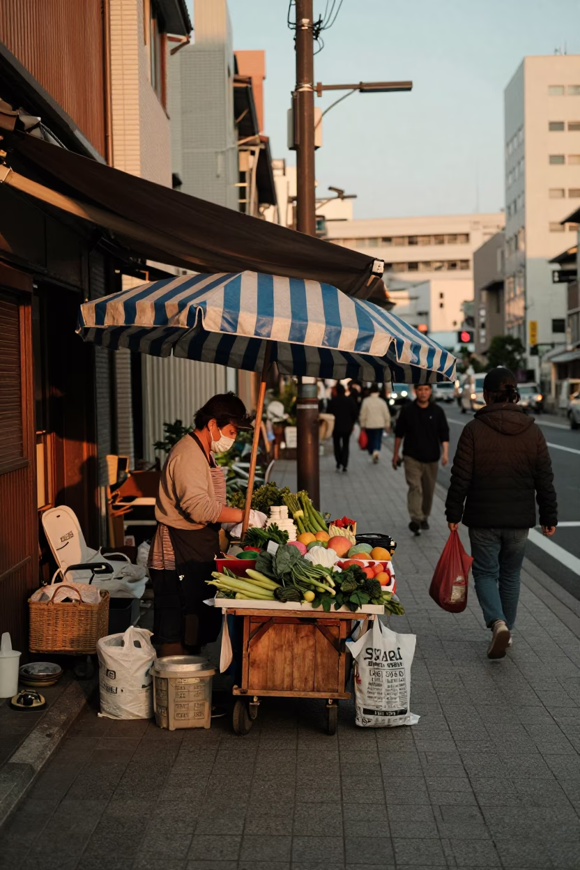 Golden Hour Street Scene in Fukuoka Japan with Local Vendors and Urban Life in in Fukuoka, Japan