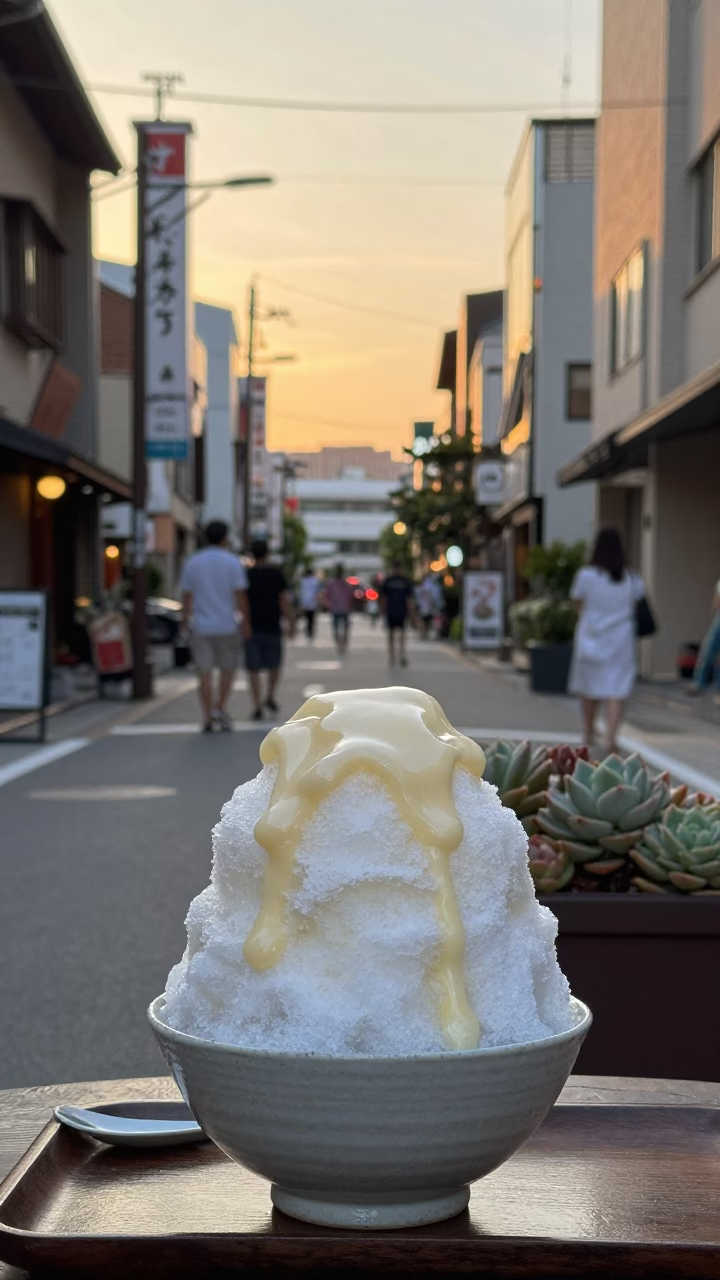 Golden Hour Street Scene in Fukuoka Japan with Shaved Ice and Succulents in in Fukuoka, Japan