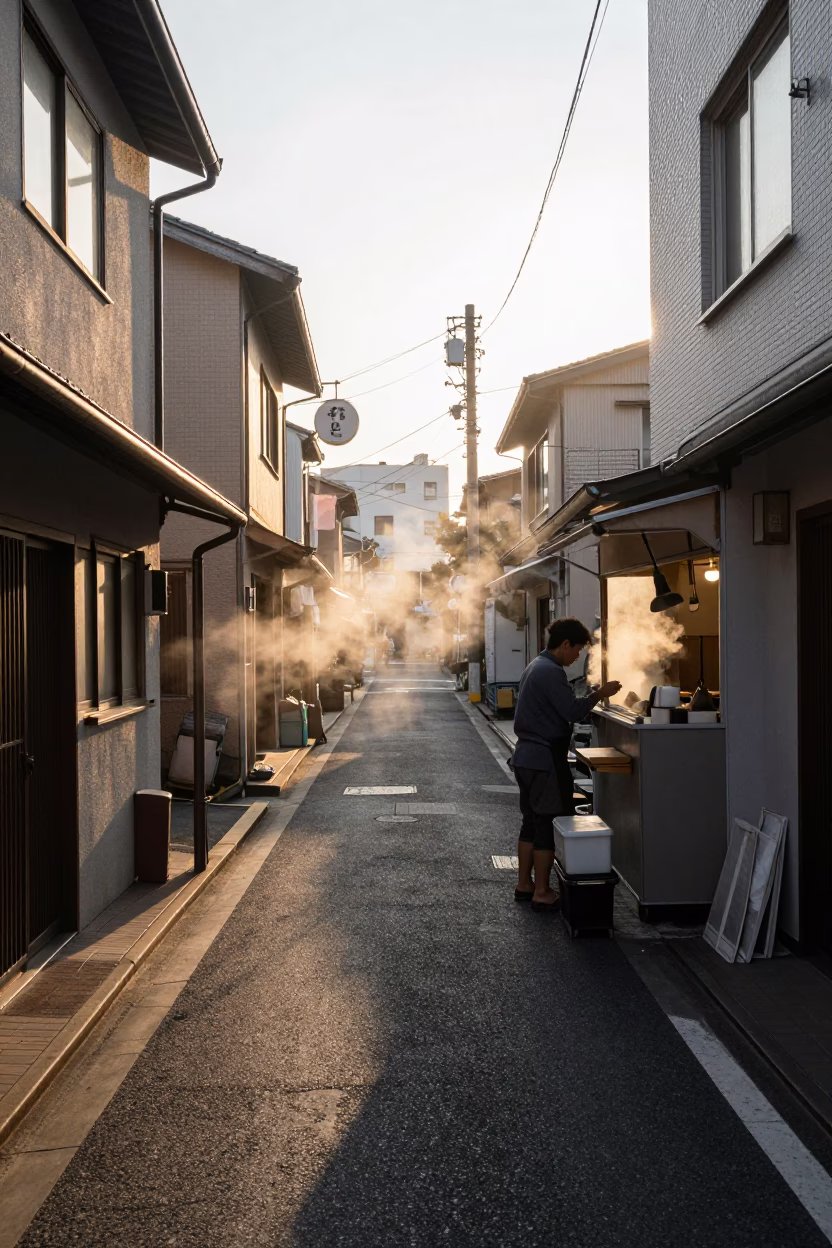 Golden Hour Street Scene in Fukuoka Japan with Steam Haze and Local Life in in Fukuoka, Japan