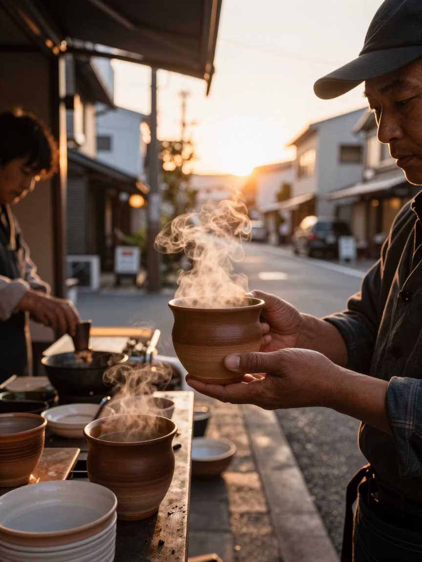 Golden Hour Street Scene in Fukuoka Japan with Steaming Clay Cup of Masala Chai in in Fukuoka, Japan
