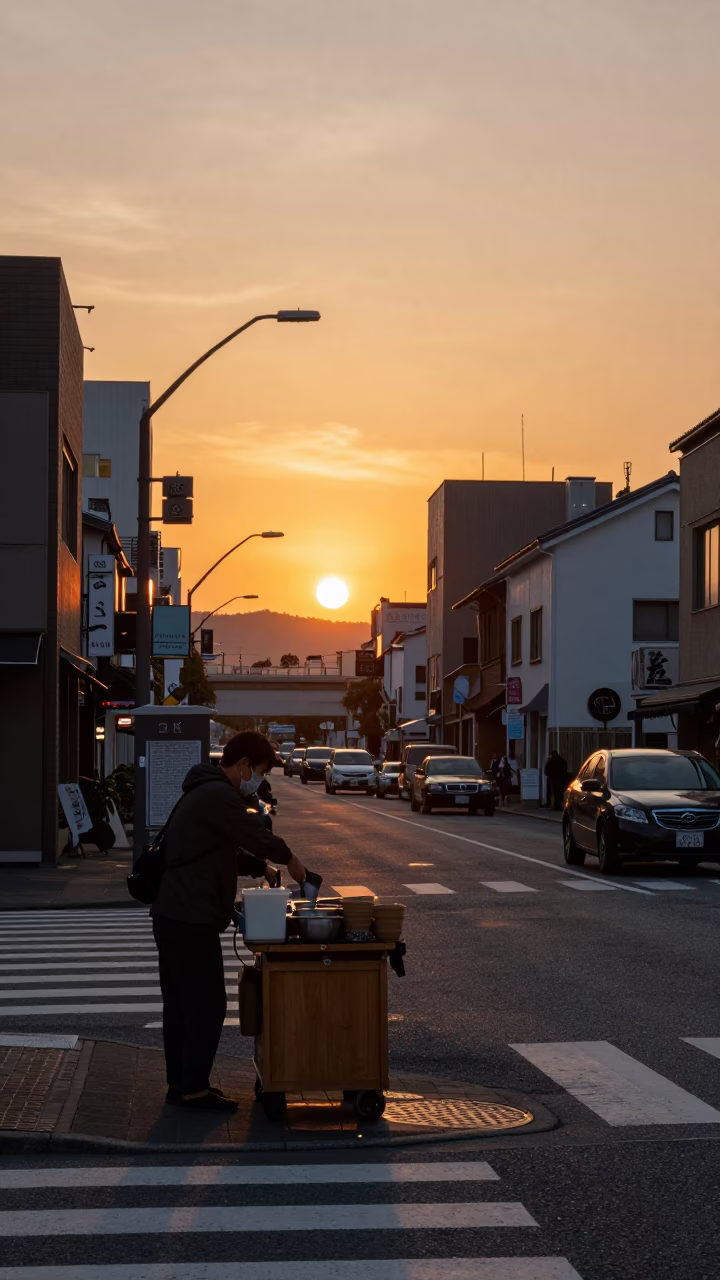 Golden Hour Street Scene in Fukuoka Japan with Sunset and Local Life in in Fukuoka, Japan