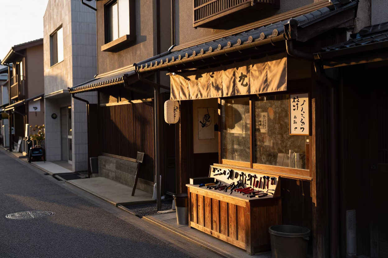Golden Hour Street Scene in Fukuoka Japan with Traditional and Modern Elements in in Fukuoka, Japan
