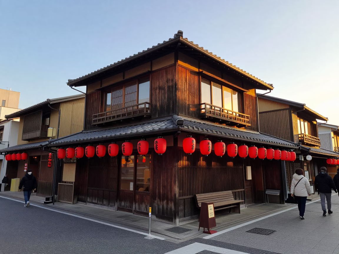 Golden Hour Street Scene in Fukuoka Japan with Traditional Lanterns and Urban Architecture in in Fukuoka, Japan
