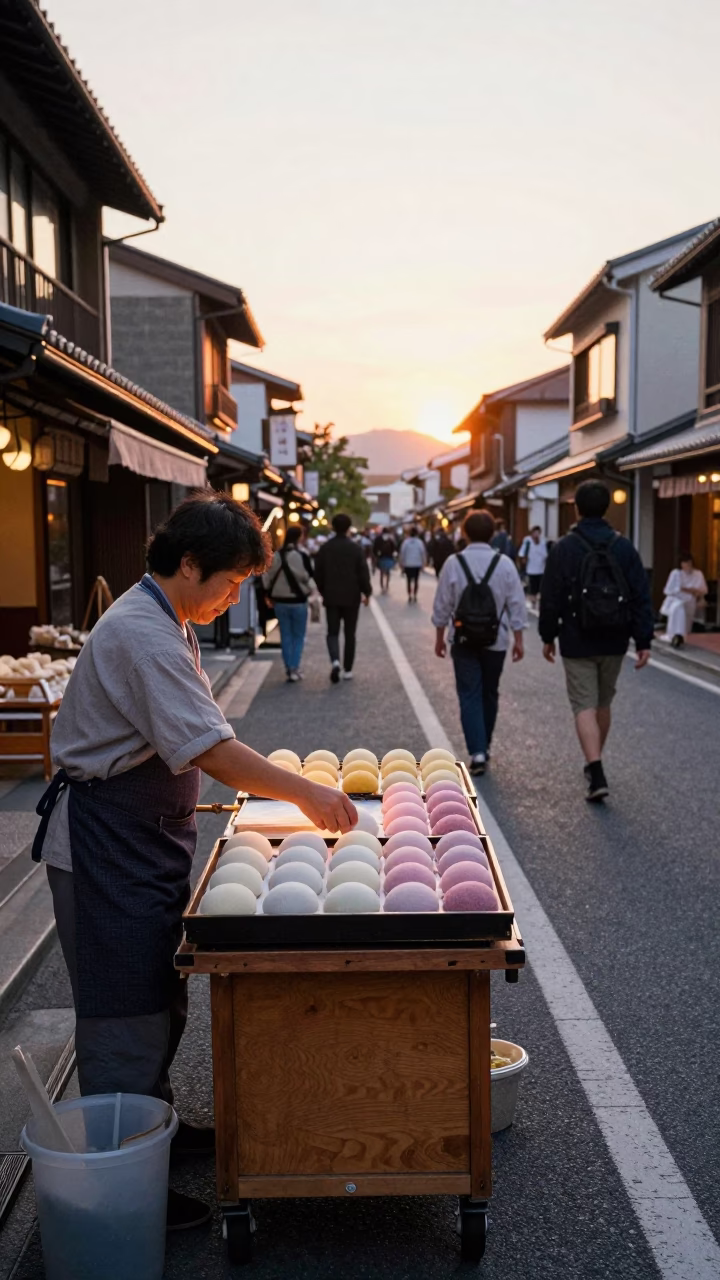 Golden Hour Street Scene in Fukuoka Japan with Traditional Mochi Display in in Fukuoka, Japan
