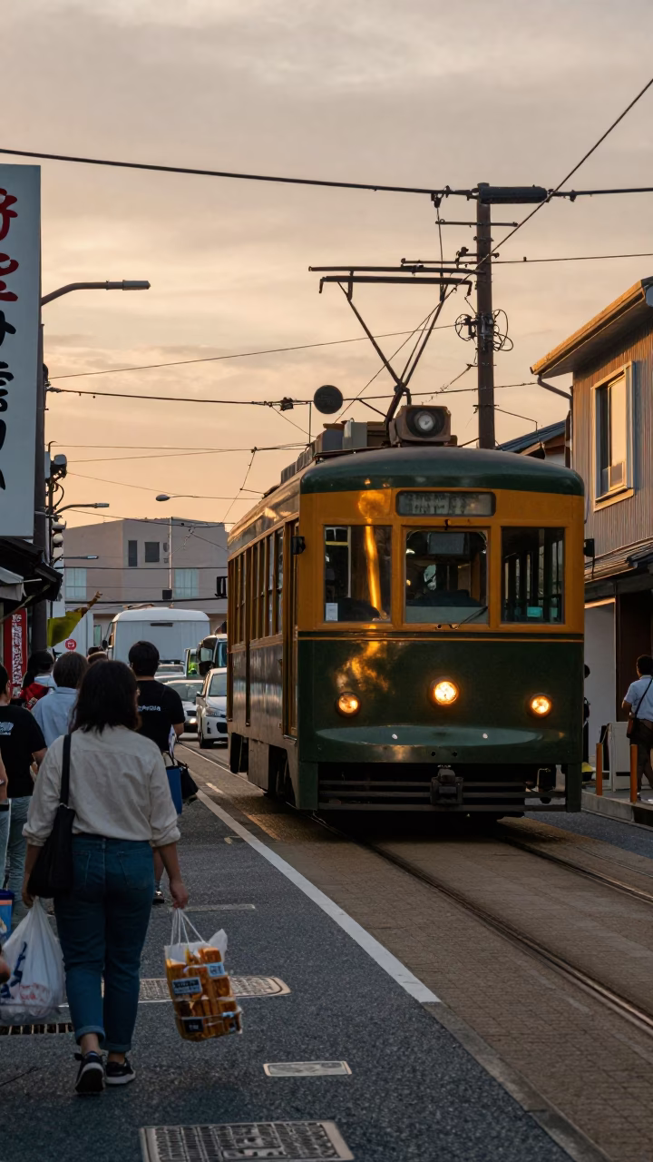 Golden Hour Street Scene in Fukuoka Japan with Tram and Local Sweets in in Fukuoka, Japan