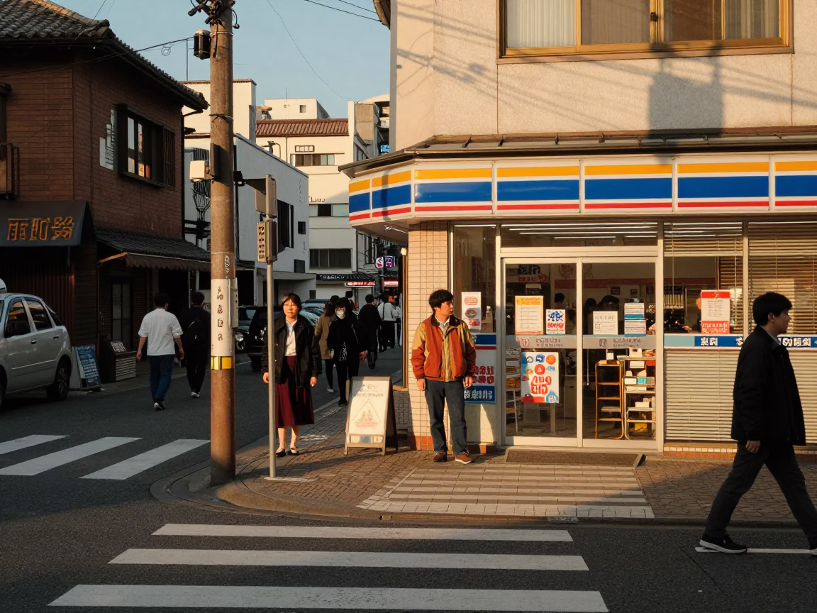 Golden Hour Street Scene in Fukuoka Japan with Vintage 1980s Aesthetic and Local Details in in Fukuoka, Japan