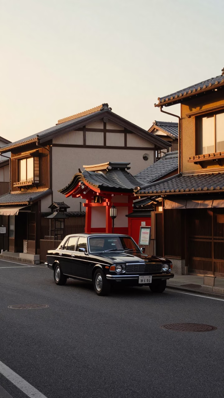 Golden Hour Street Scene in Fukuoka Japan with Vintage Cars and Traditional Architecture in in Fukuoka, Japan