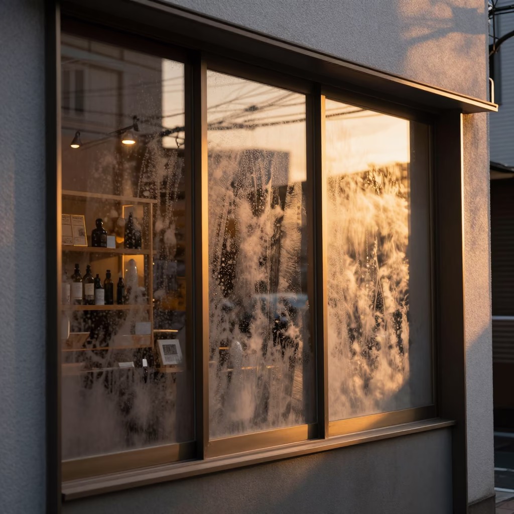 Golden Hour Street Scene in Fukuoka Japan with Window Light and Condensation in in Fukuoka, Japan