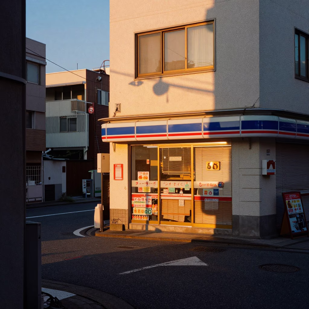 Golden Hour Street Scene in Fukuoka Japan with Window Light and Urban Details in in Fukuoka, Japan