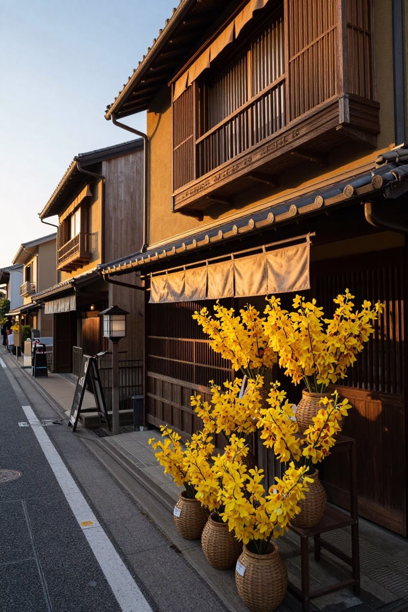 Golden Hour Street Scene in Fukuoka Japan with Yellow Flowers and Traditional Elements in in Fukuoka, Japan
