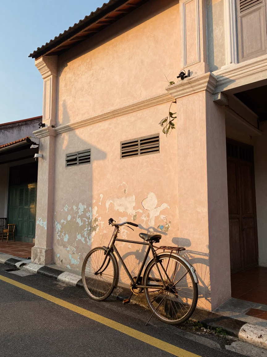 Golden Hour Street Scene in George Town Malaysia with Bicycle and Sourdough in in George Town, Malaysia