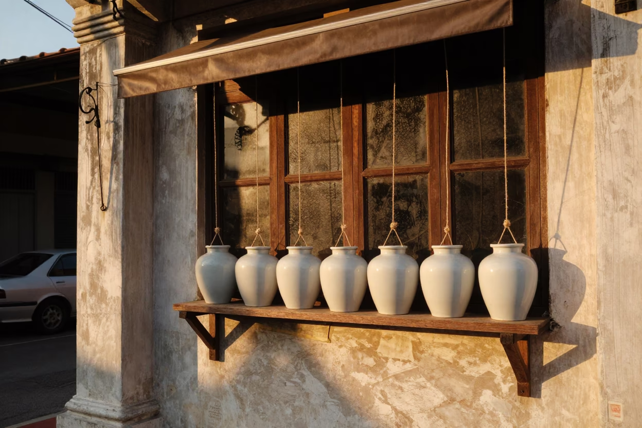 Golden Hour Street Scene in George Town Malaysia with Porcelain Jars and Twine in in George Town, Malaysia