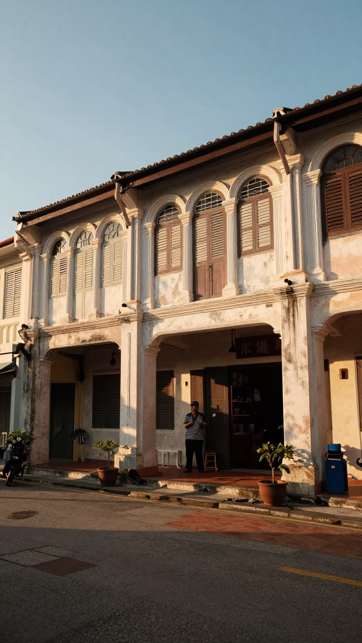 Golden Hour Street Scene in George Town Malaysia with Traditional Shop House Details in in George Town, Malaysia