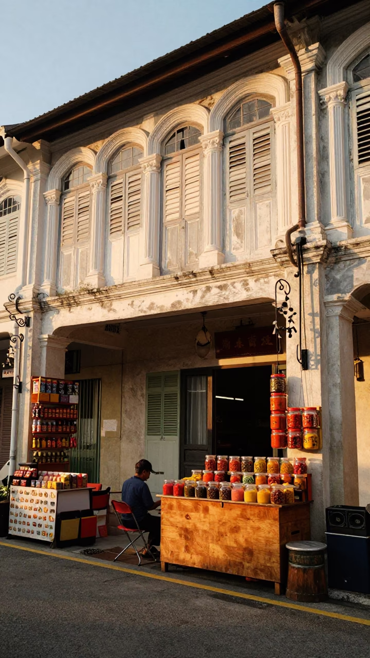 Golden Hour Street Scene in George Town Malaysia with Vintage Details in in George Town, Malaysia