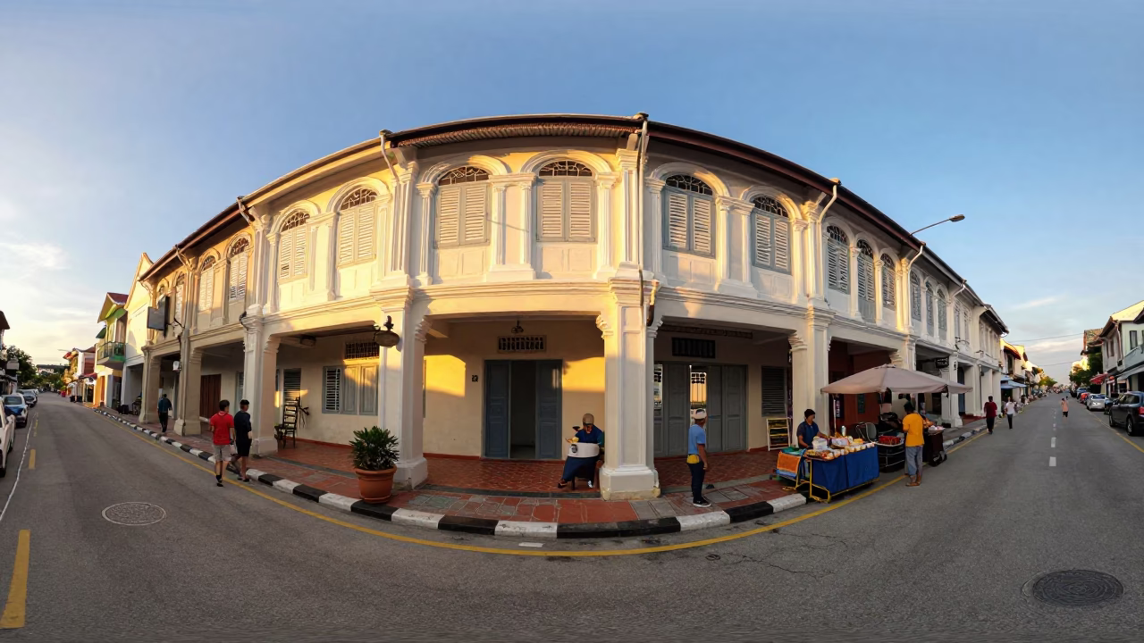 Golden Hour Street Scene in George Town Malaysia with Vintage Shophouses and Local Life in in George Town, Malaysia
